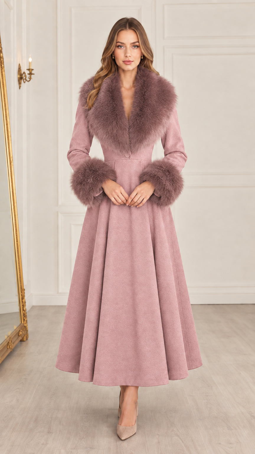 Front view of dusty pink fit and flare maxi coat with matching faux fur trim