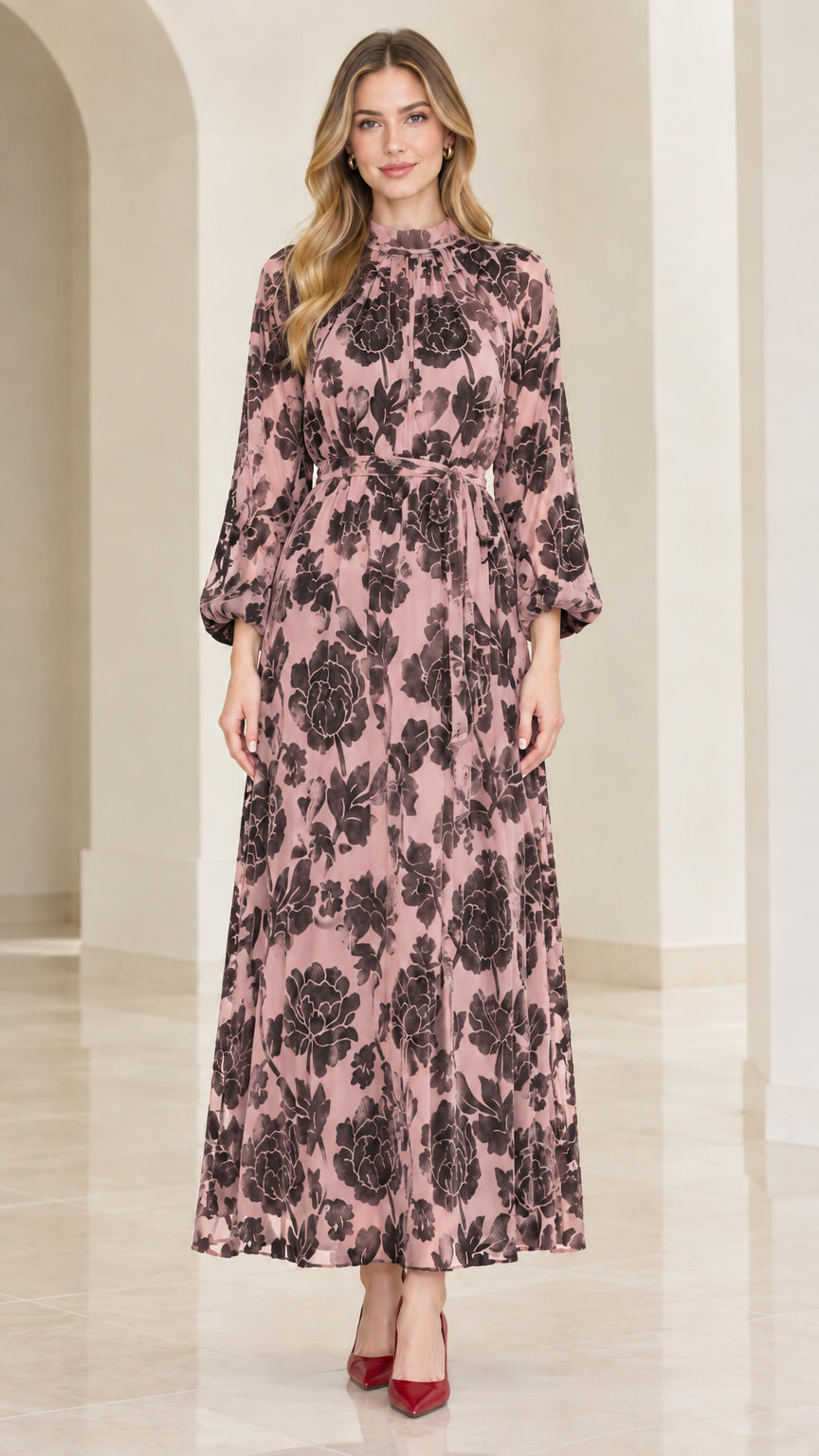 Front view of model wearing dusty pink floral velvet burnout maxi dress
