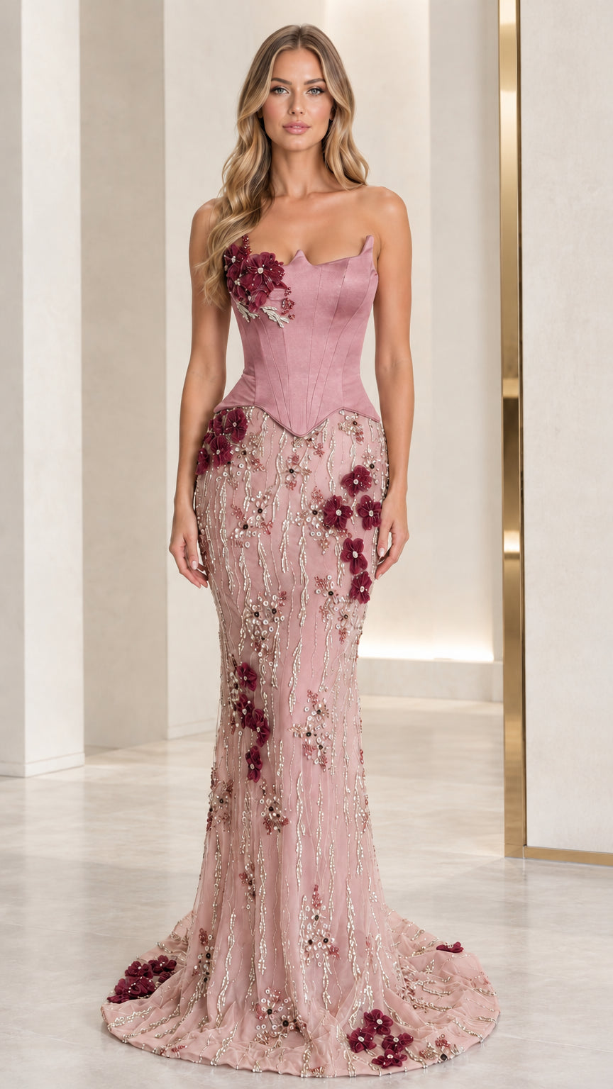 Full-length view of dusty pink strapless corset gown with floral details