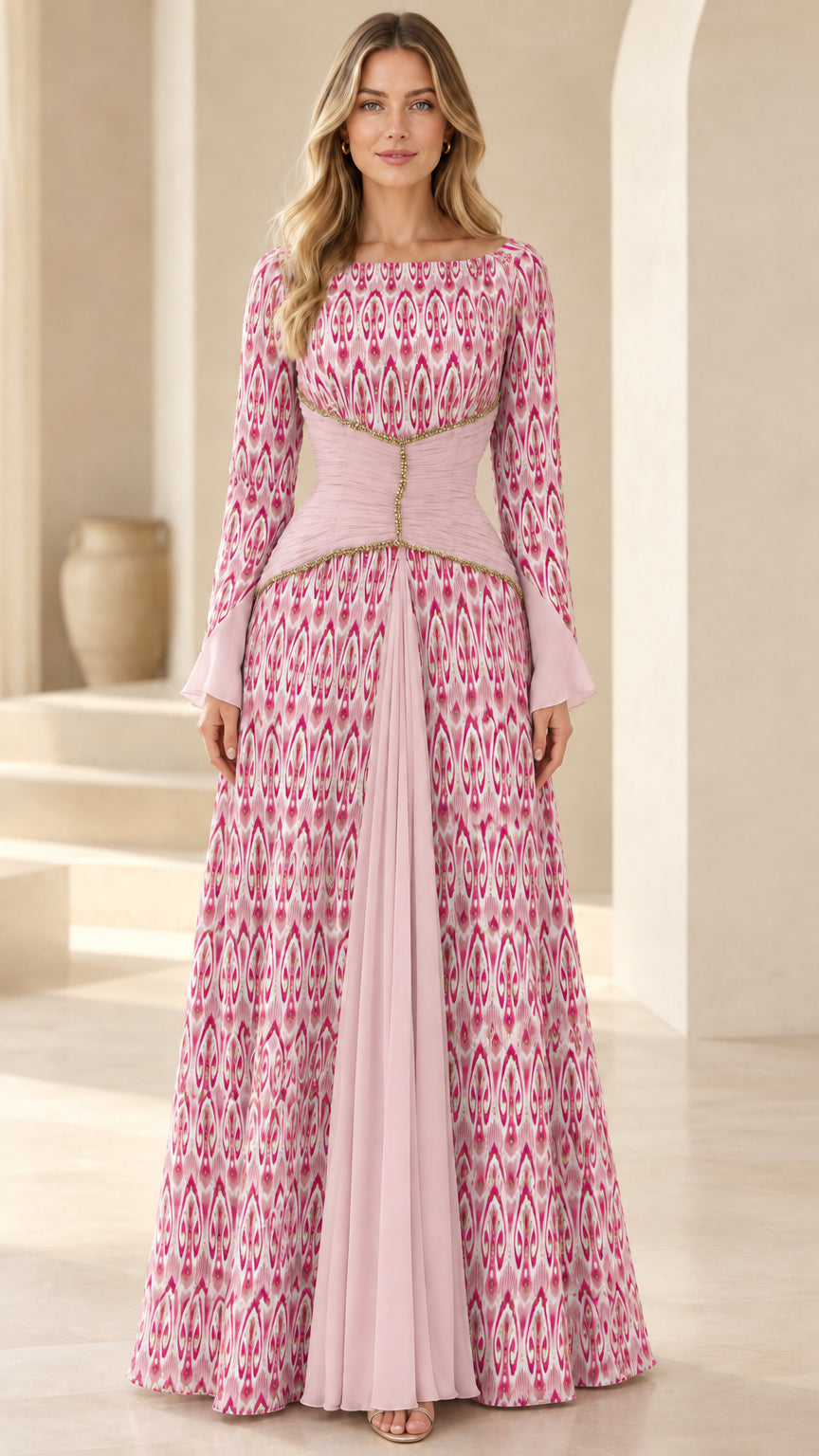 Blush pink ikat print long sleeve maxi dress with soft pink contrast waist