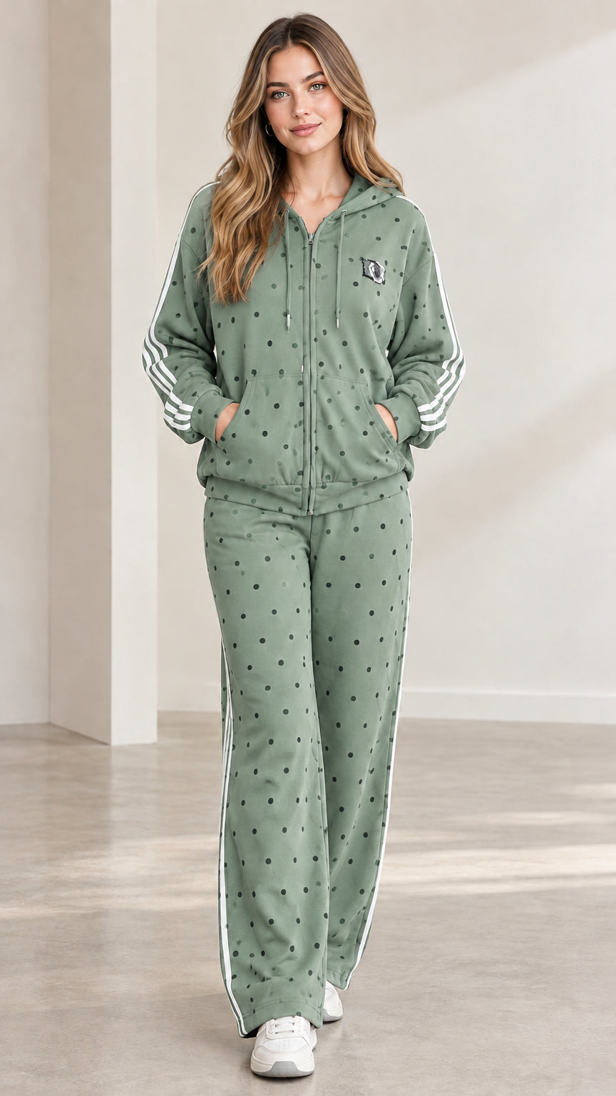 Model wearing sage green polka dot hooded tracksuit set with white side stripes