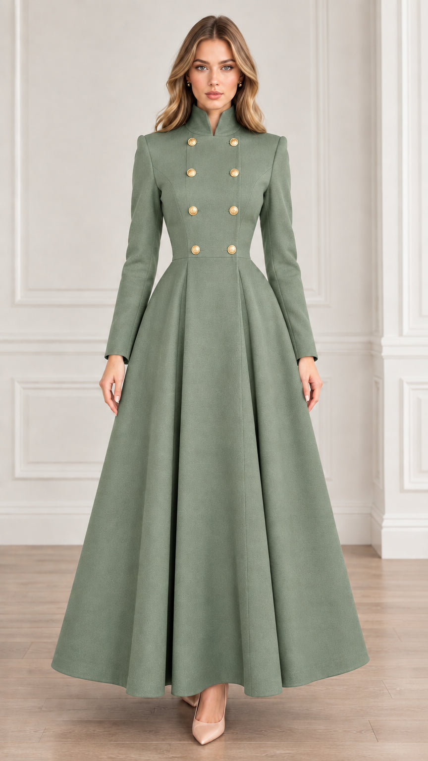 Front view of sage green double-breasted high neck flared maxi coat