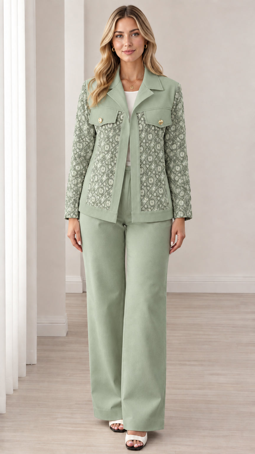 Model wearing Sage Green jacquard panel two-piece pant suit set