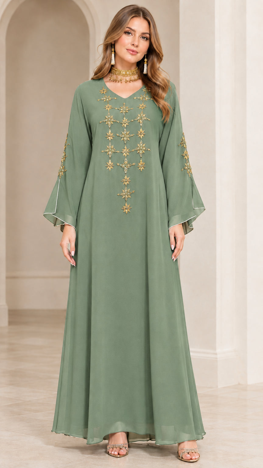 Full-length front view of model wearing Sage Green embroidered maxi abaya dress