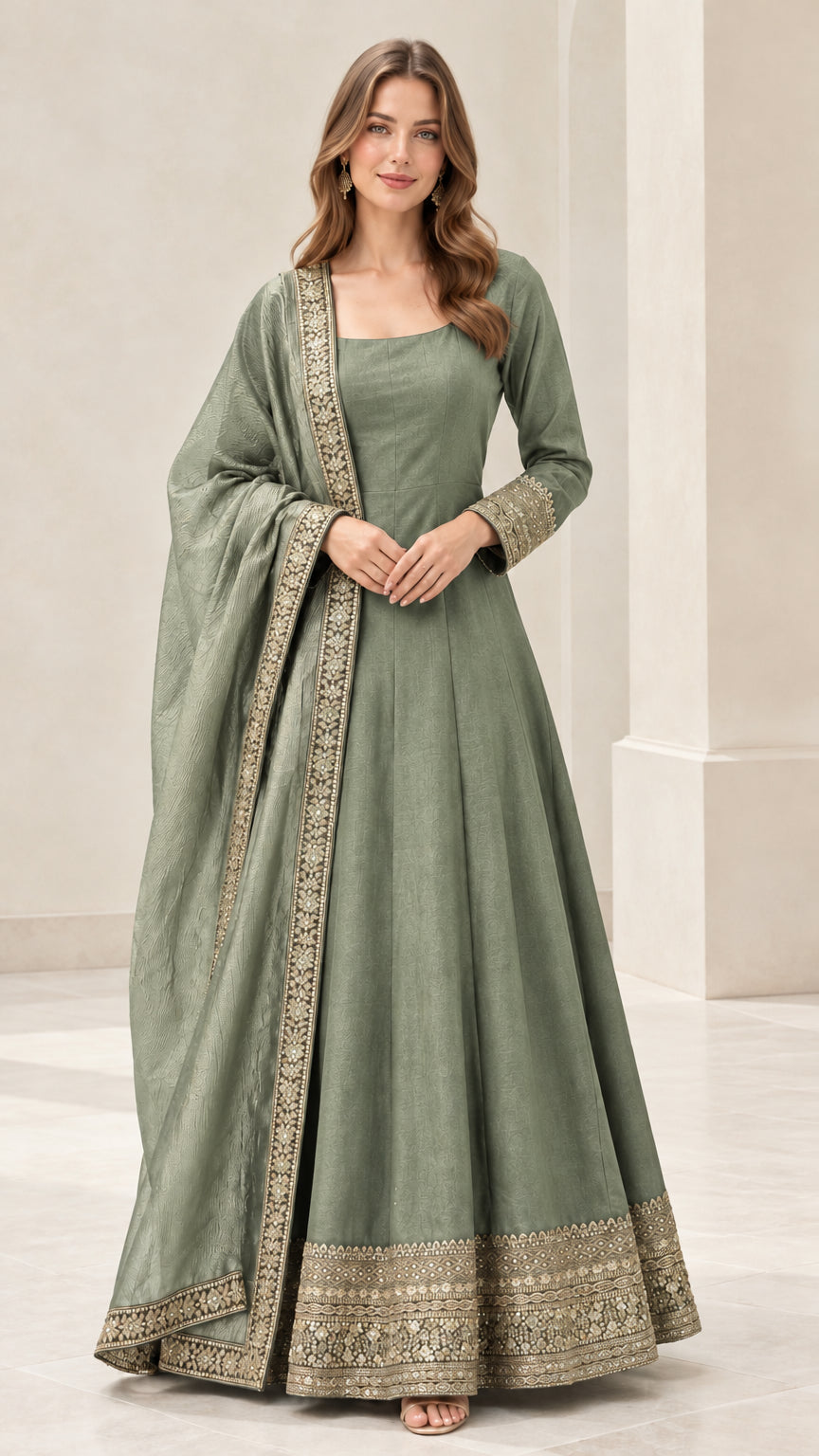 Sage green festive embroidered Anarkali gown with coordinated dupatta
