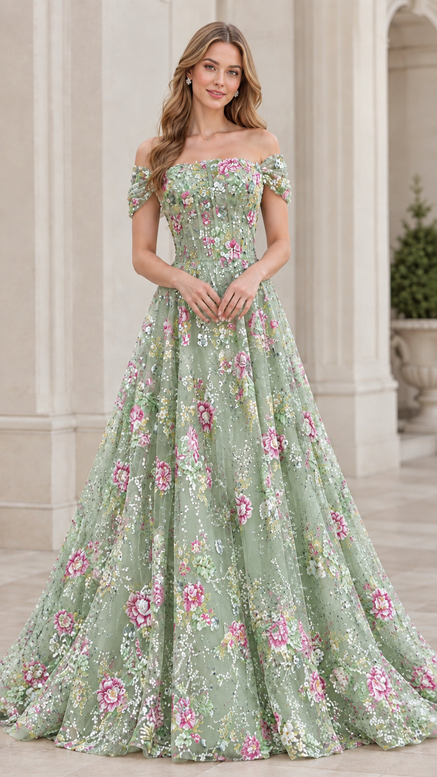 Model wearing Sage Green floral embroidered sequin evening ball gown