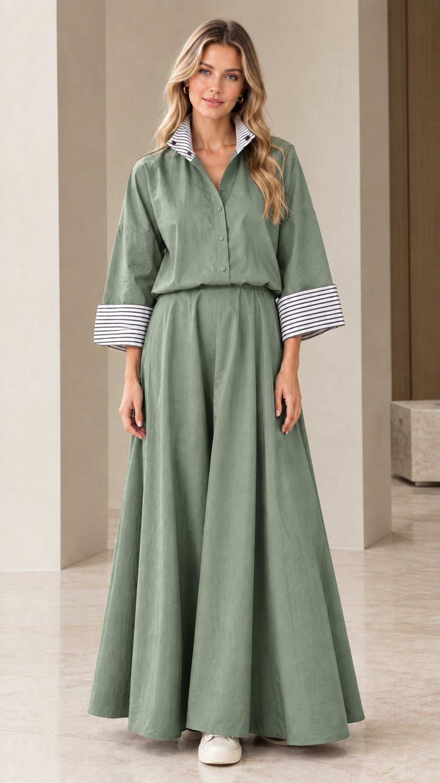 Sage green two-piece shirt and maxi skirt set with striped trim