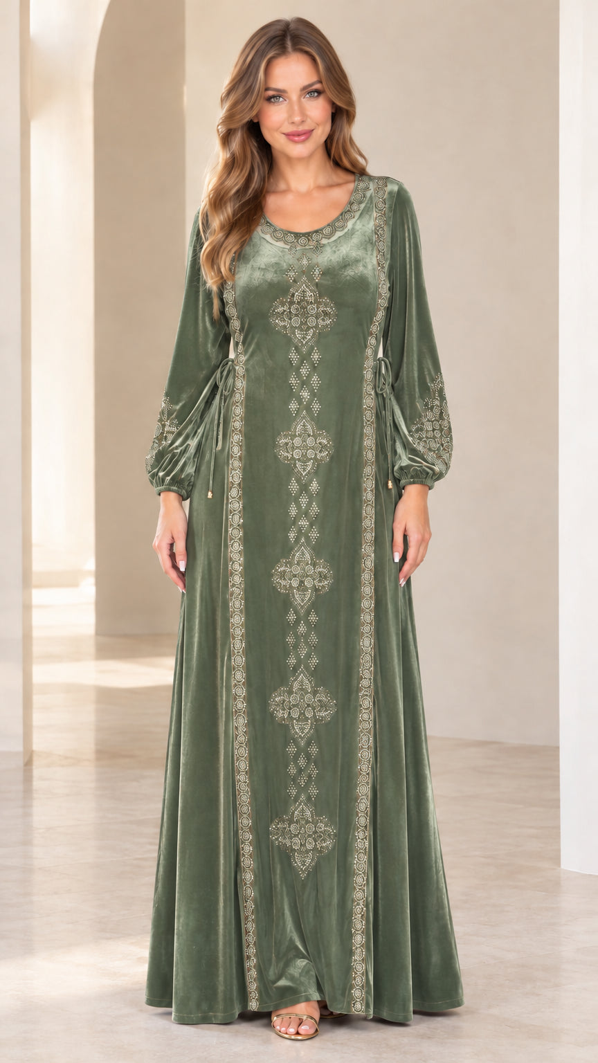 Front view of model wearing sage green embroidered velvet maxi dress