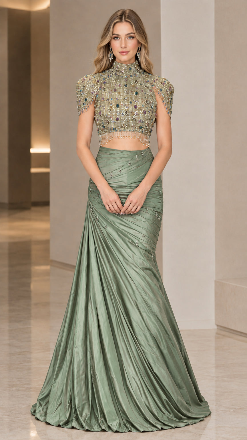 Full-length sage green two-piece beaded high-neck evening dress