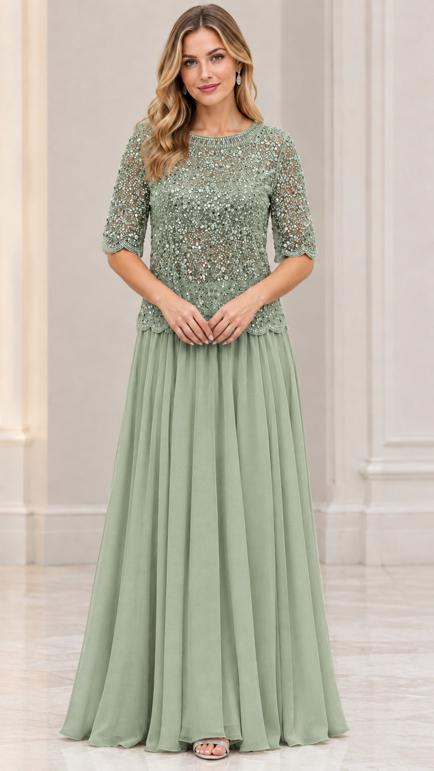 Model wearing Sage Green beaded bodice half sleeve formal maxi dress
