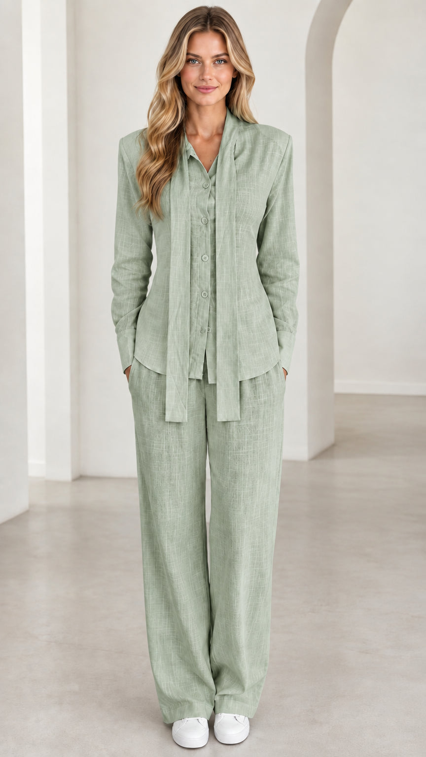 Front view of woman wearing sage green tie-neck blouse and trouser set
