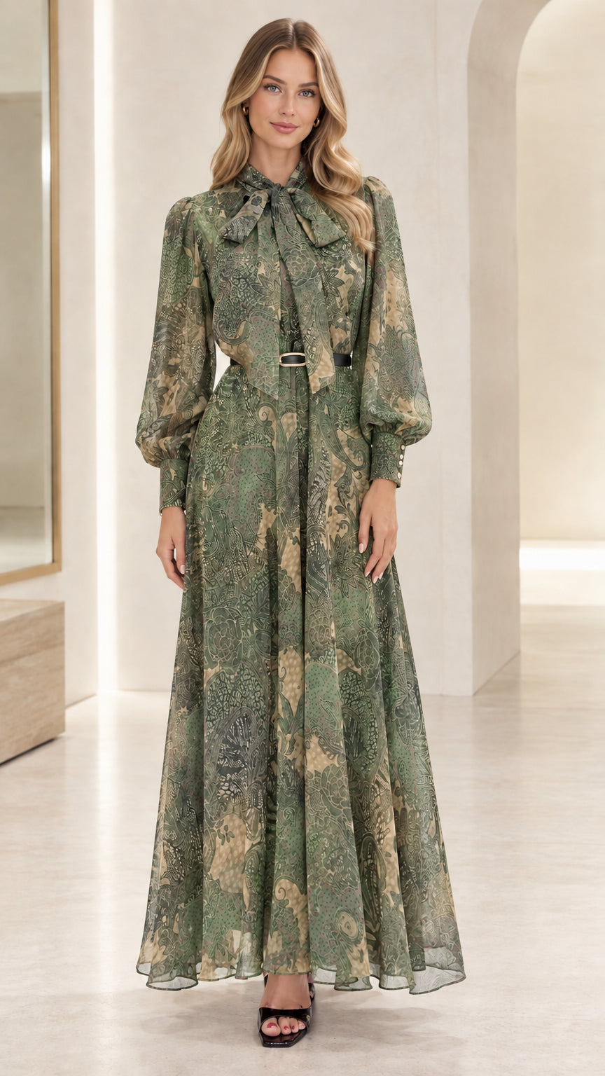 Front view of woman wearing Sage Green bohemian floral maxi dress