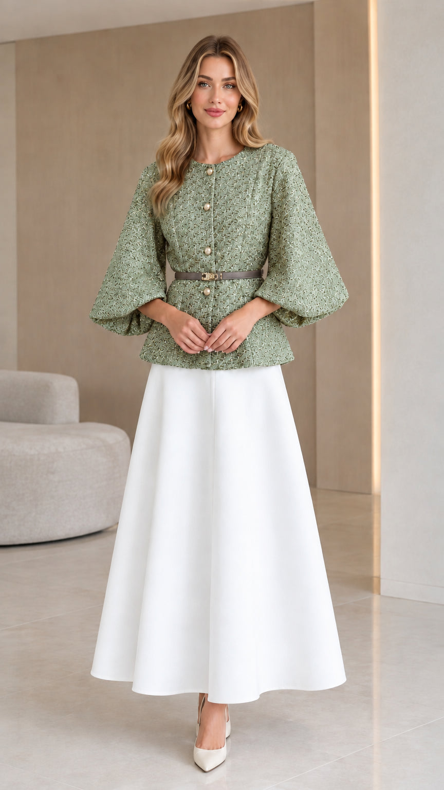 Sage green textured tweed jacket with pearl button details and waist belt