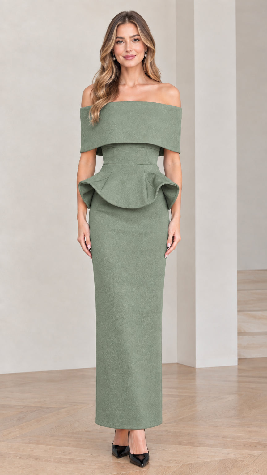 Sage green off-the-shoulder peplum column evening dress