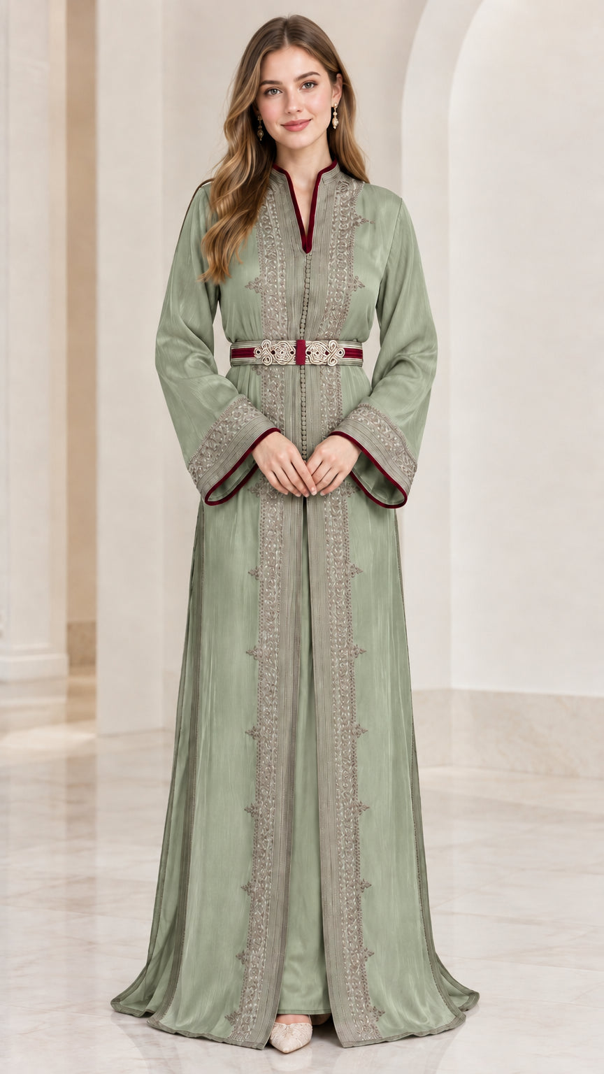 Front view of sage green embroidered Moroccan kaftan maxi dress with belt
