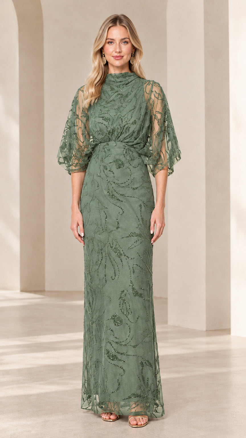 Sage Green beaded embroidered high-neck maxi gown on model