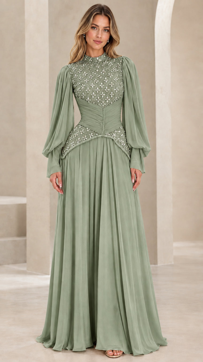 Sage green high neck long sleeve embellished evening maxi dress