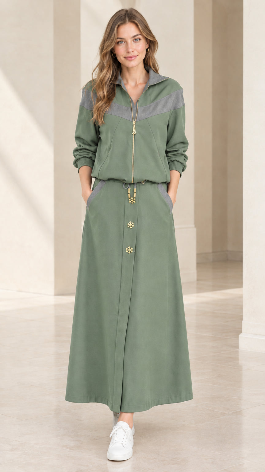 Full front view of sage green chevron colorblock two-piece maxi set