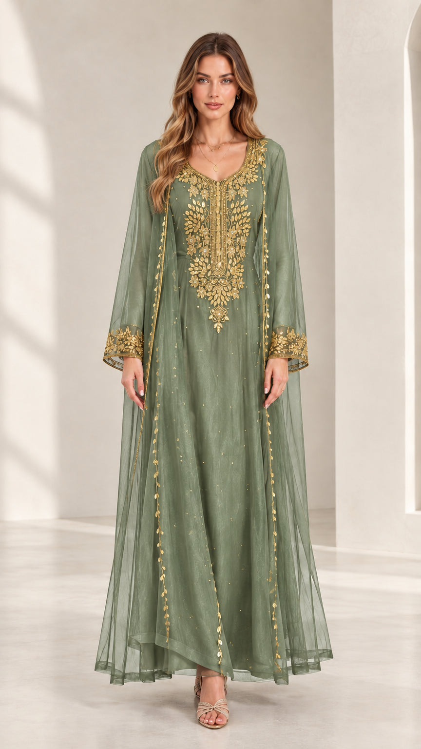 Front view of woman wearing sage green embroidered kaftan maxi dress with gold accents