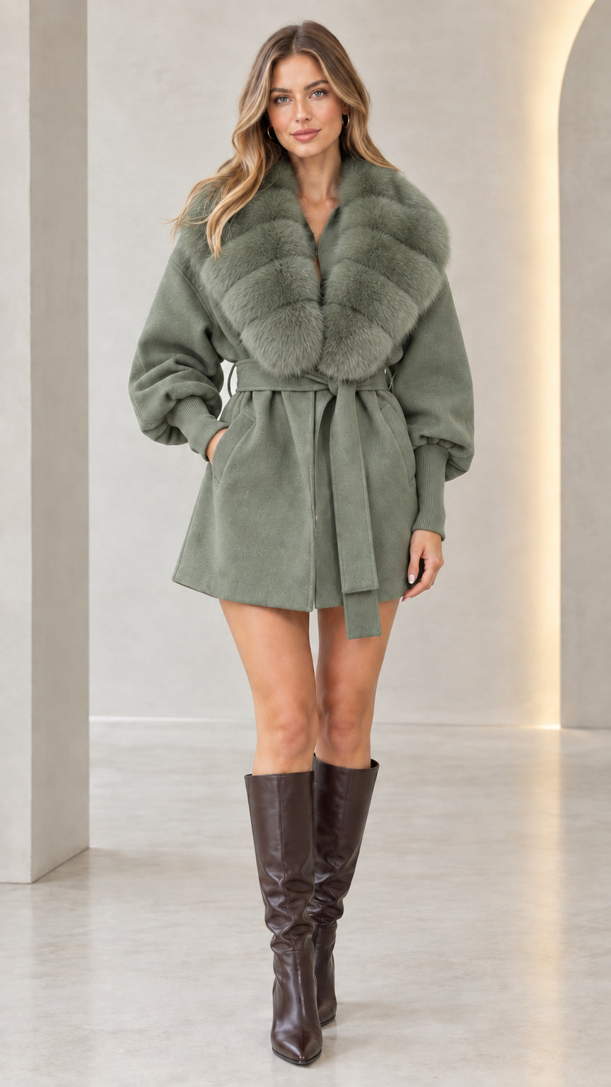 Front view of model wearing sage green belted faux fur collar short coat