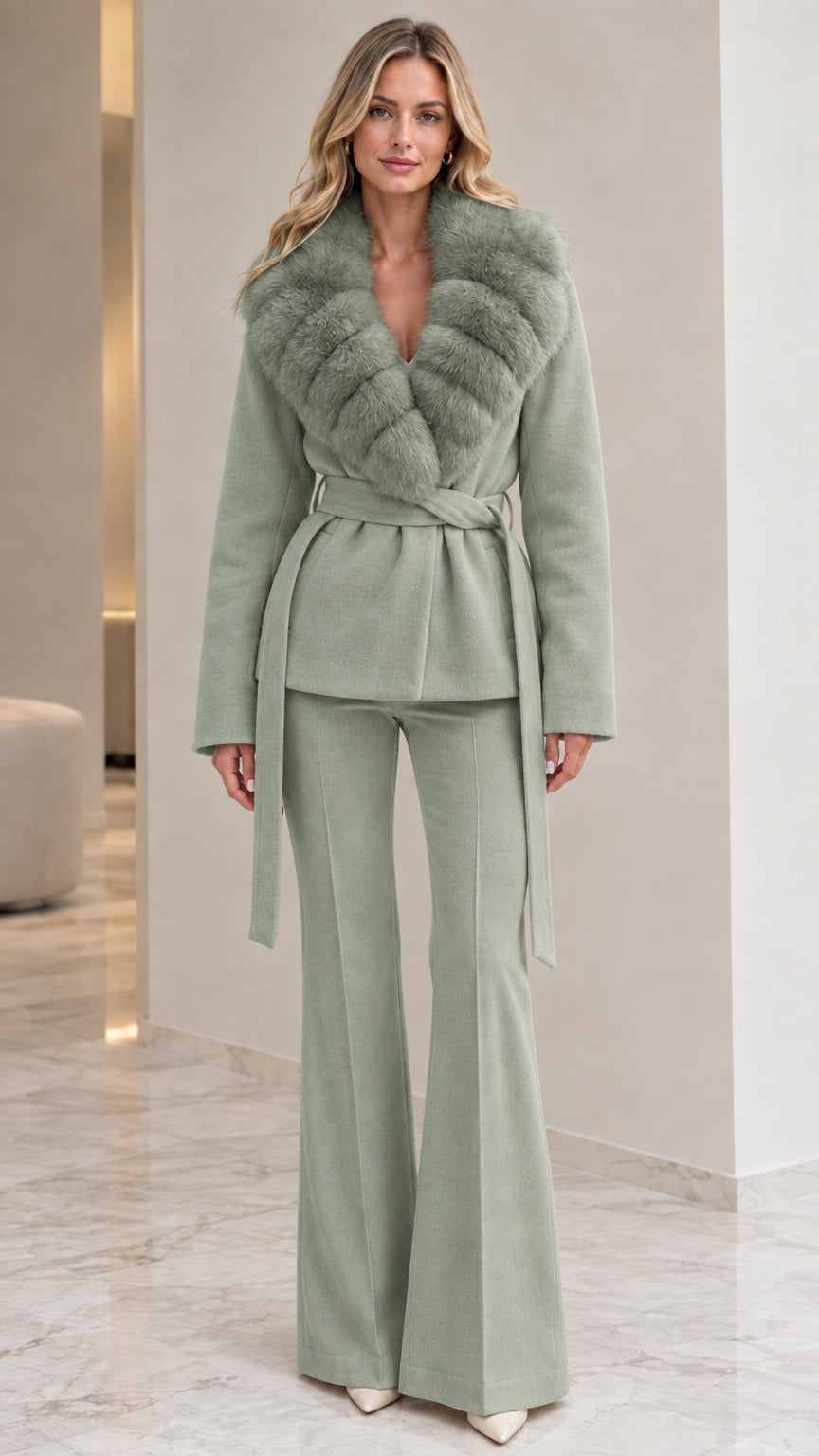 Model wearing sage green belted wrap coat with matching faux fur collar