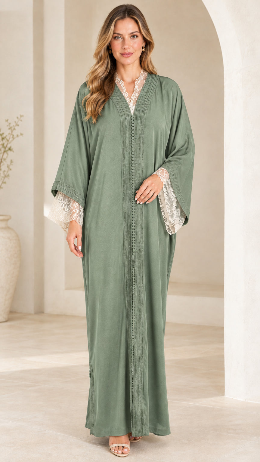 Sage green long sleeve kaftan dress with lace details front view
