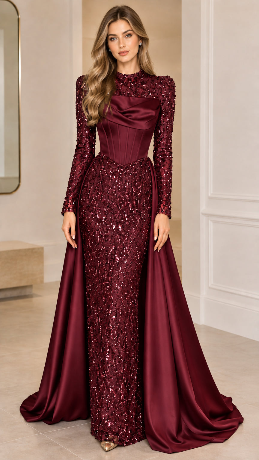 Burgundy wine red long sleeve sequin evening gown with satin corset bodice