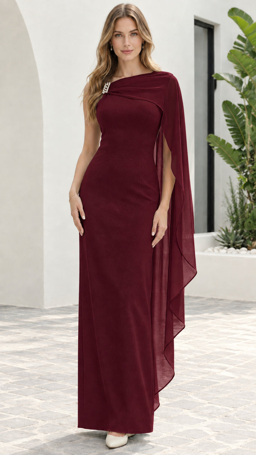 Front view of Burgundy floor-length formal evening gown with cape drape