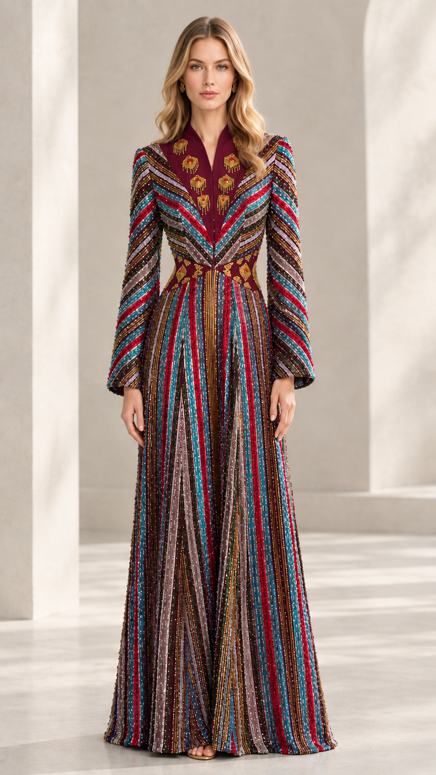 Model wearing Burgundy embellished striped kaftan maxi dress