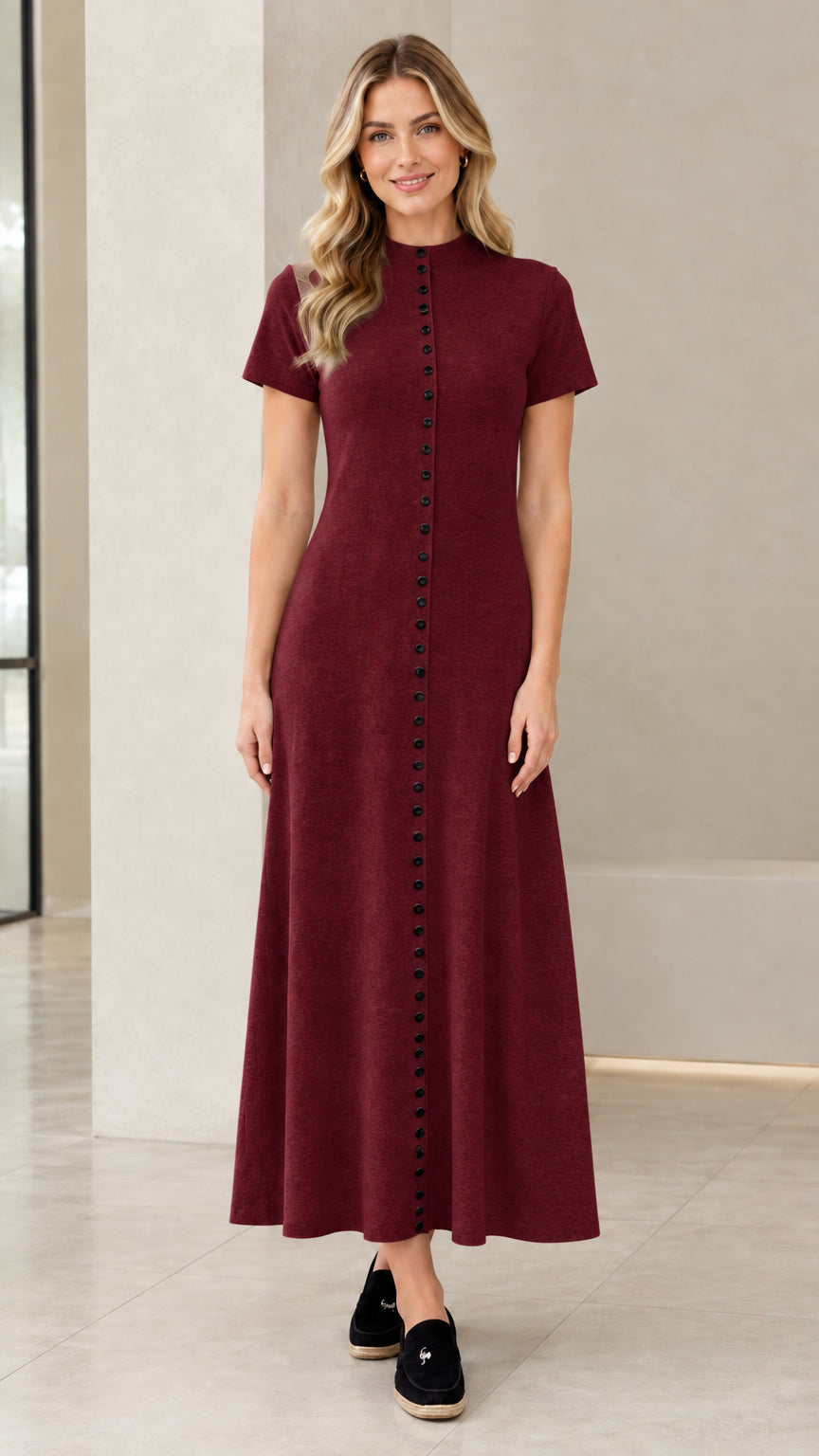 Full-length front view of woman wearing Burgundy button-front short sleeve maxi dress