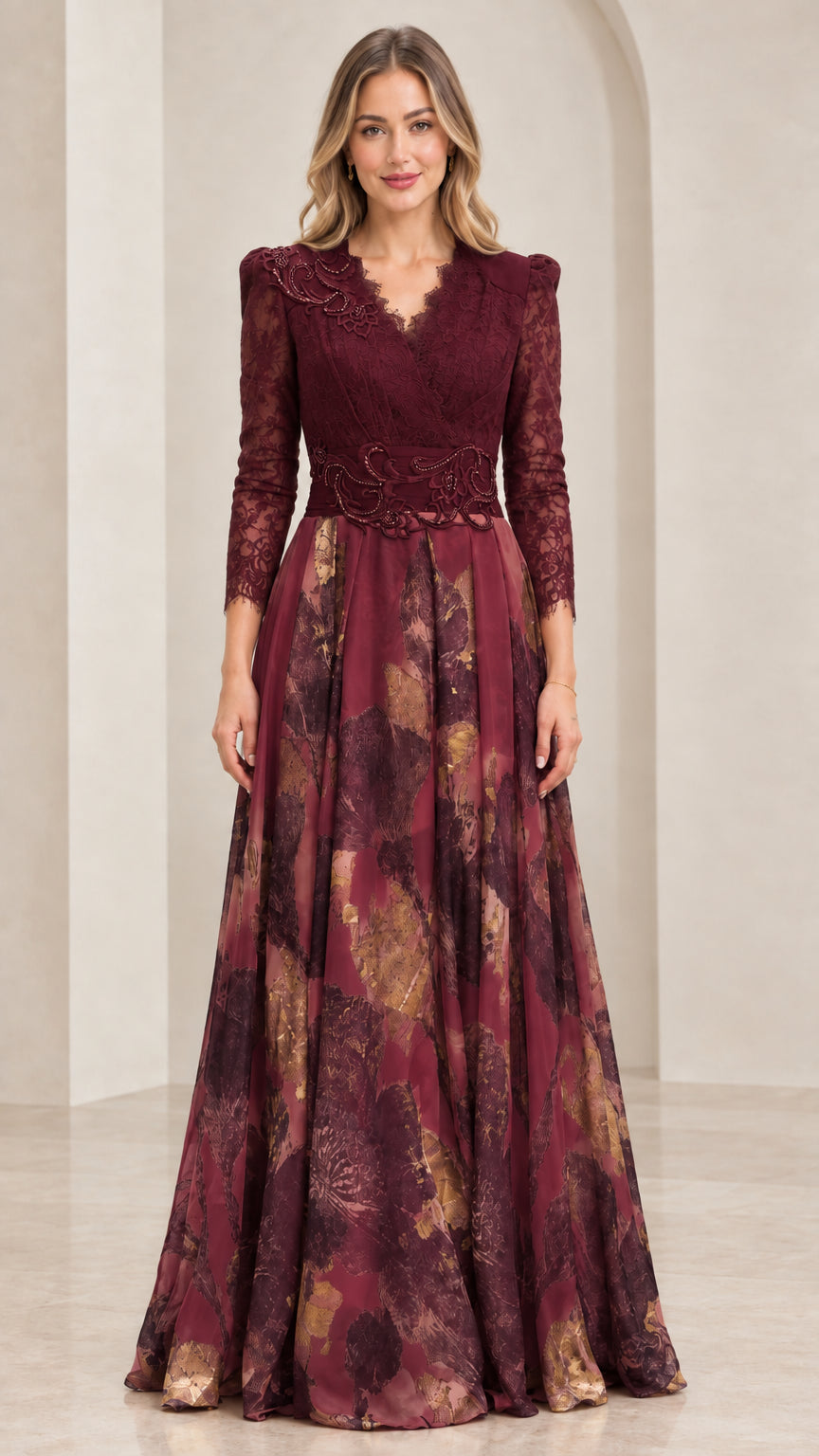 Front view of burgundy wine red lace bodice evening gown with printed skirt
