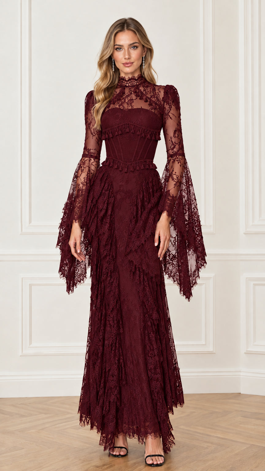 Front full-length view of the burgundy wine lace corset maxi dress