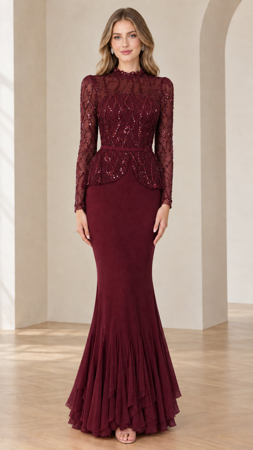 Front full-length view of burgundy red embroidered peplum mermaid maxi dress