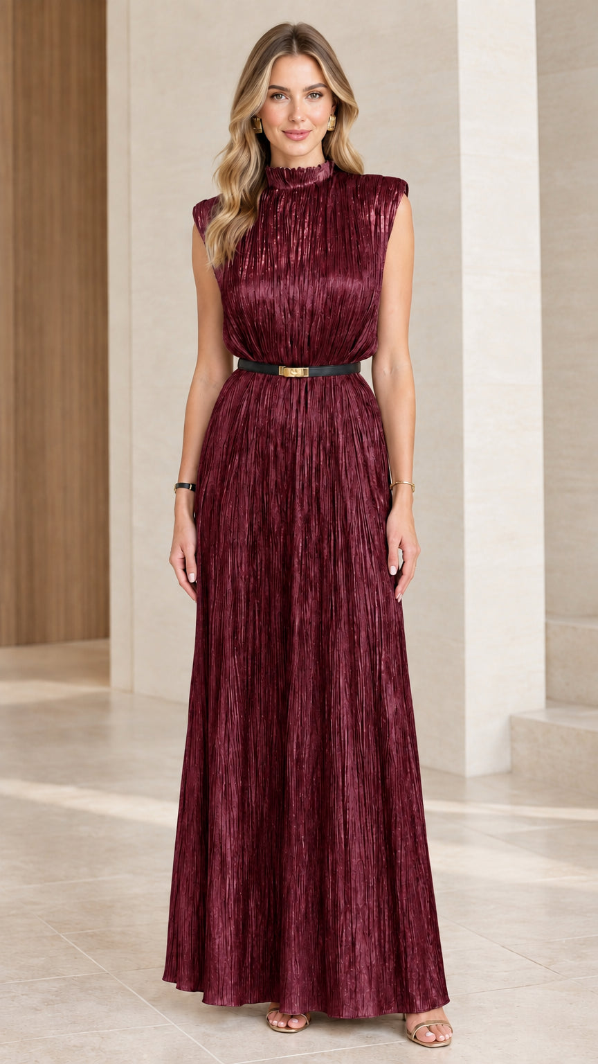 Model wearing burgundy wine pleated shimmer maxi gown with belt