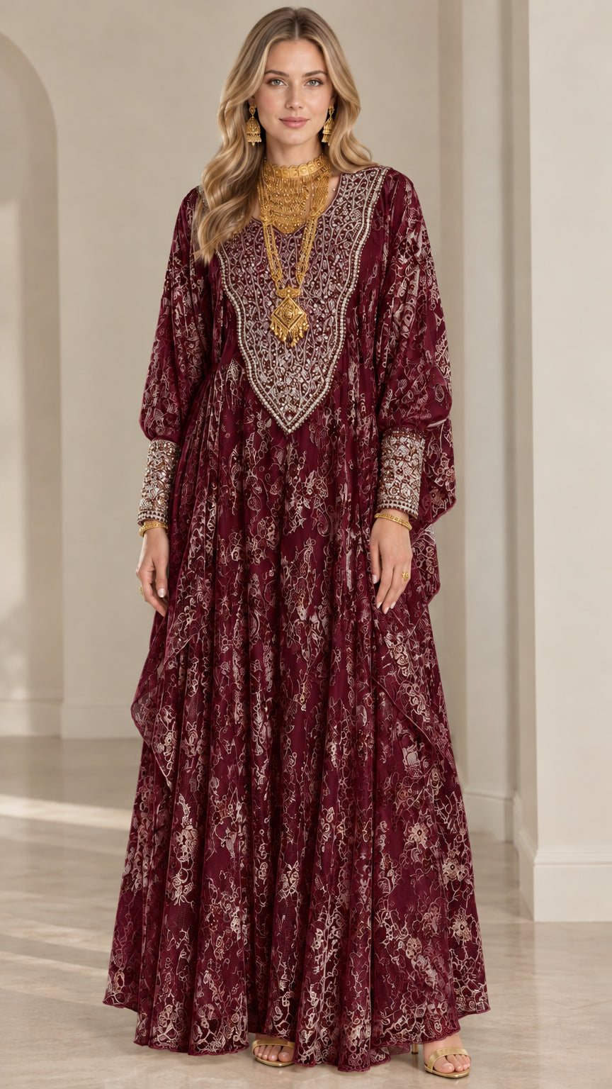 Front view of burgundy wine embroidered lace kaftan maxi dress