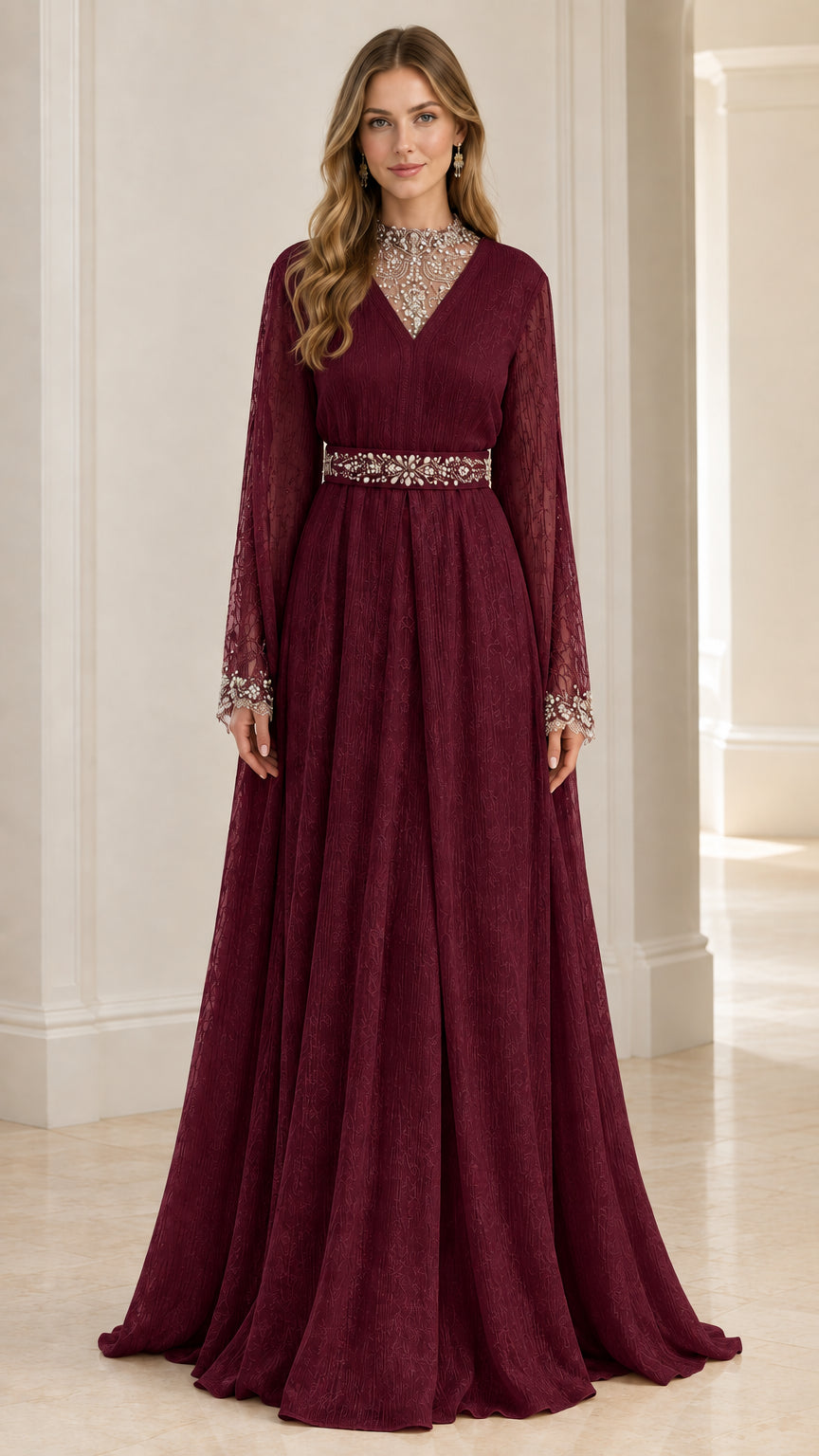 Full front view of burgundy wine red long sleeve formal maxi dress