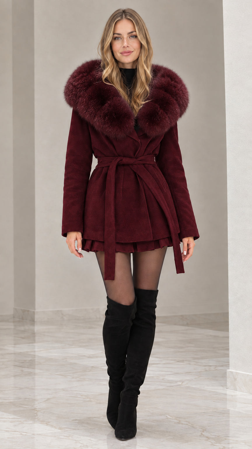 Front view of model wearing burgundy wine red faux fur hooded belted coat with black boots