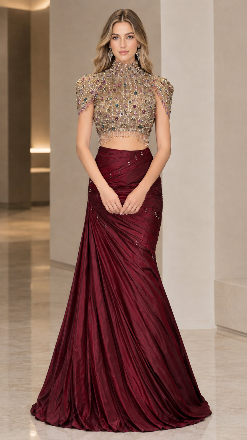 Full-length burgundy wine two-piece embellished mermaid gala gown