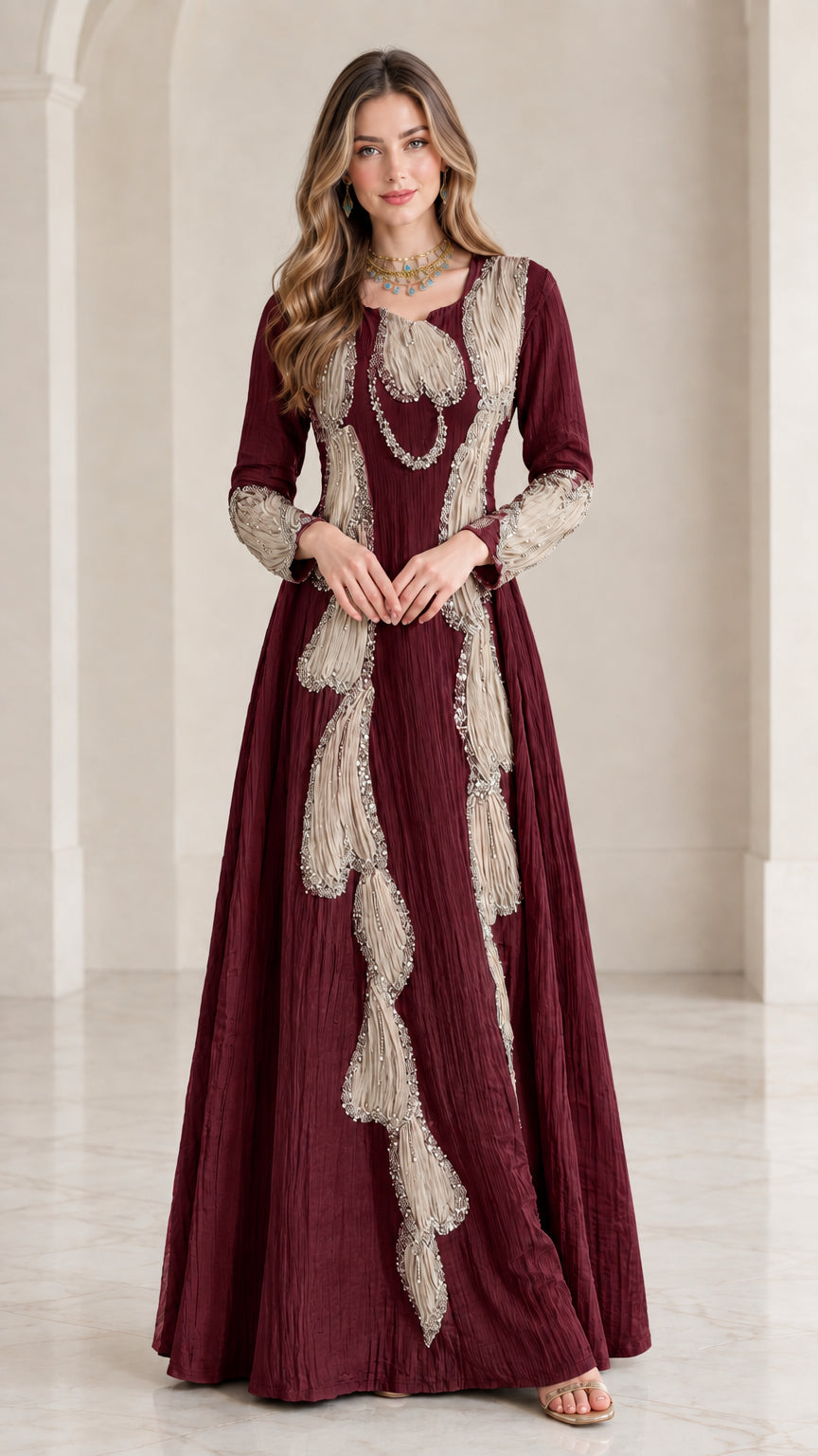 Full front view of burgundy wine crinkle maxi dress with contrasting applique