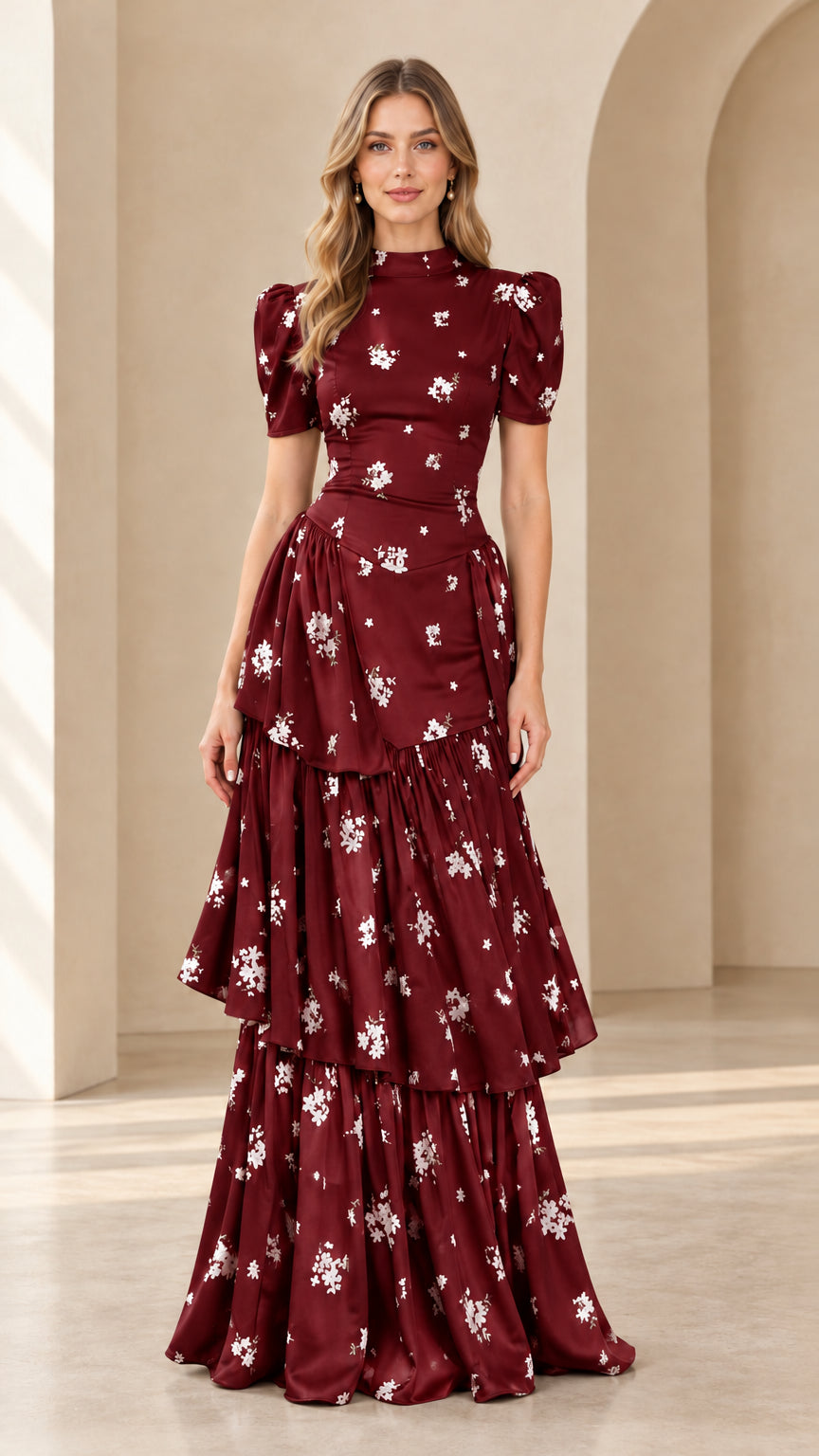 Model wearing burgundy floral print puff sleeve tiered maxi dress