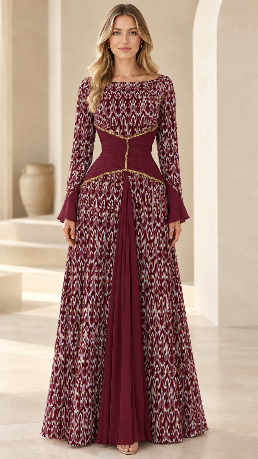 Burgundy wine ikat print long sleeve maxi dress with dark red contrast waist