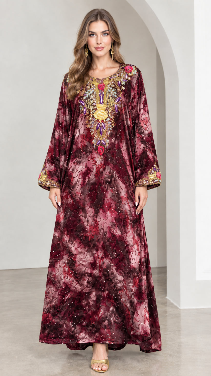 Burgundy wine red tie-dye beaded kaftan maxi dress