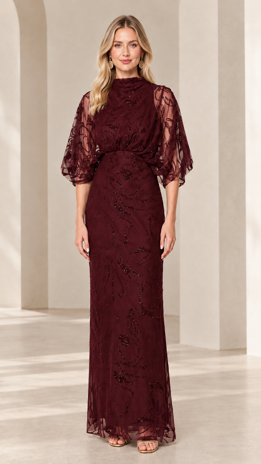 Burgundy high-neck beaded column evening dress on model