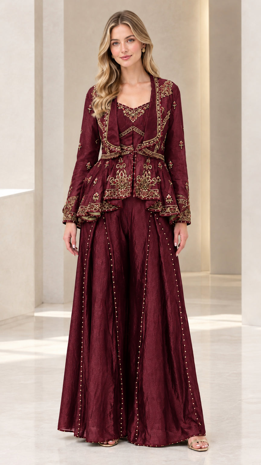 Front full-length view of woman wearing burgundy wine red embroidered peplum pant set