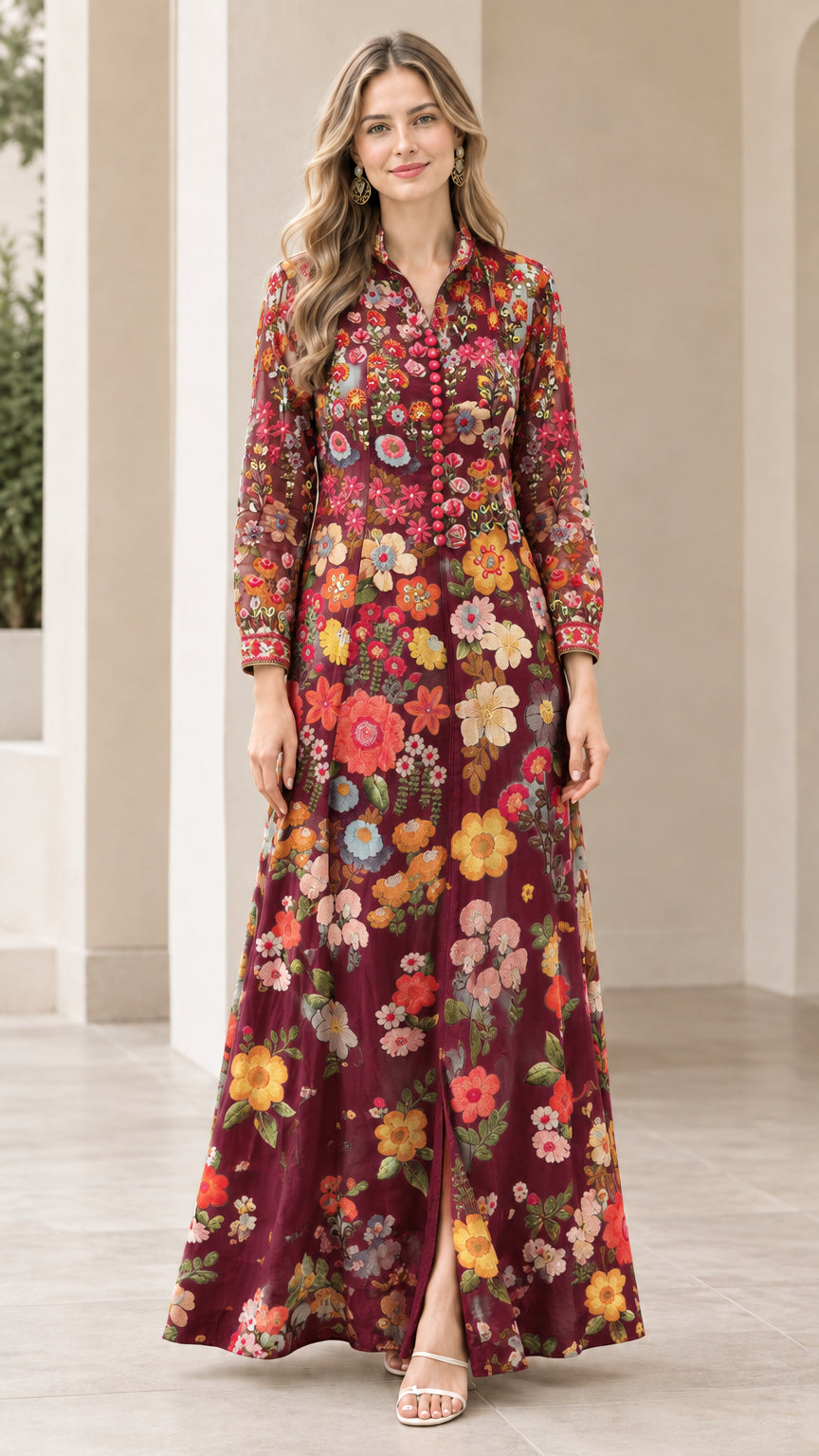 Front full-length view of model wearing burgundy floral print maxi dress