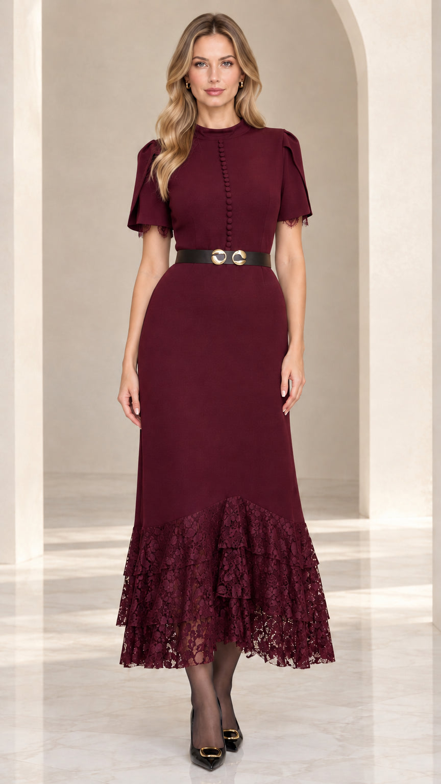 Front view of model wearing burgundy lace hem flutter sleeve midi dress