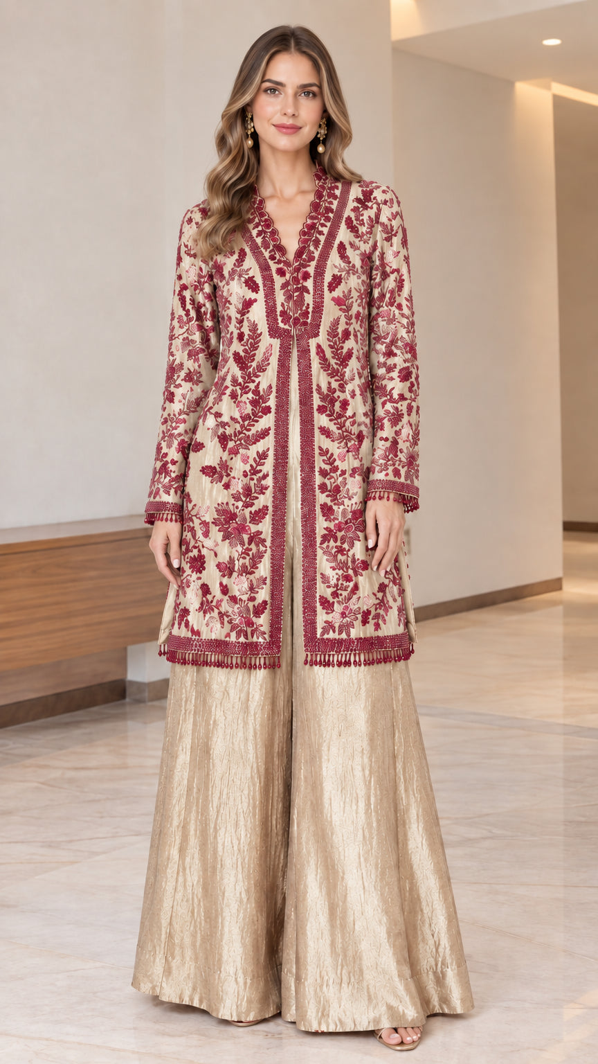 Champagne gold embroidered tunic set full length view