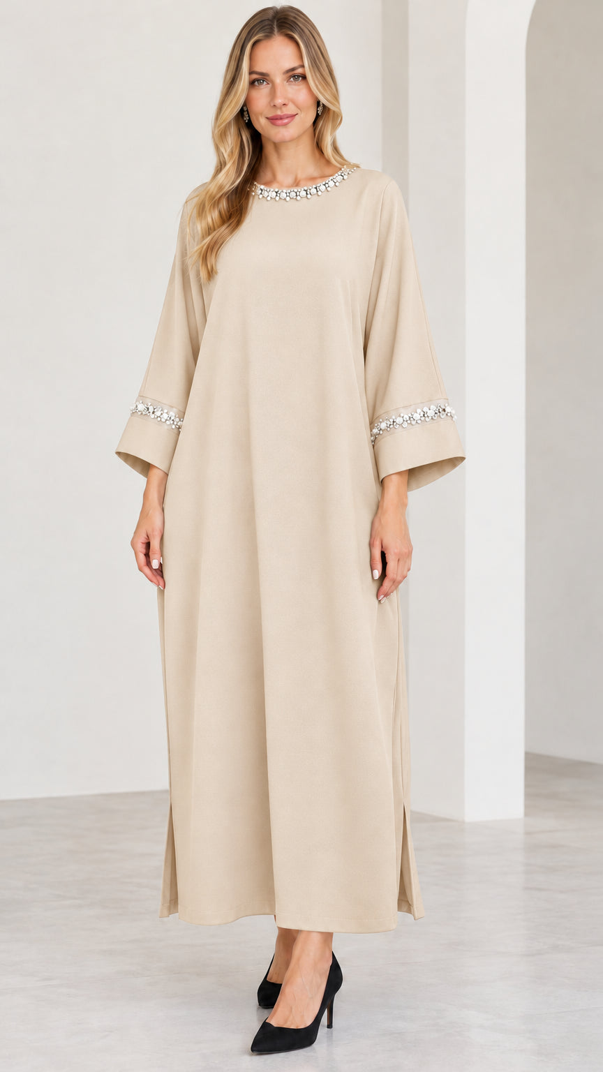 Full-length view of beige champagne modest maxi dress with pearl detailing