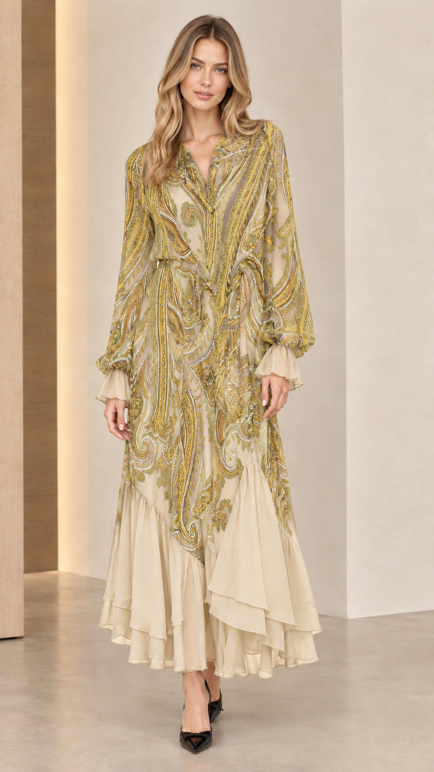 Model wearing Beige champagne paisley print tiered chiffon maxi dress