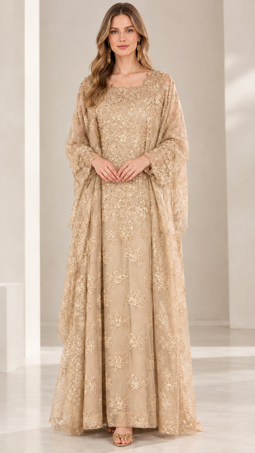 Front view of champagne gold sequin lace kaftan dress for formal events